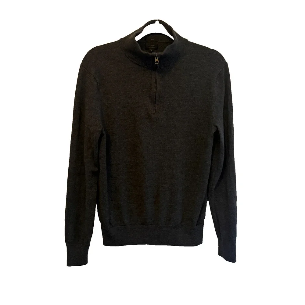 J.Crew Merino Wool Quarter Zip Grey Sweater Pullover Men's Medium Preppy Office